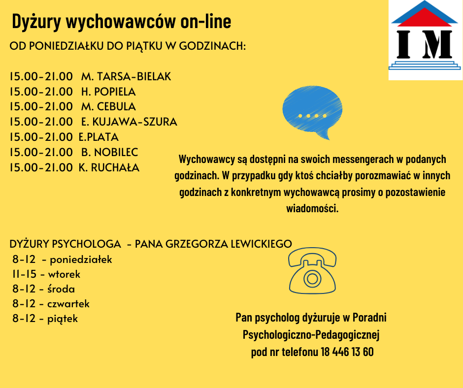 AKTUALNE DYŻURY WYCHOWAWCÓW #zostanwdomu